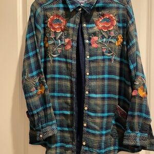 Johnny Was Blue and Green Plaid Shirt